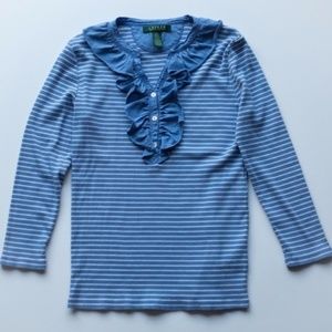 Ralph Lauren Striped Tee Blue Ruffled Collar Top, Size S/P